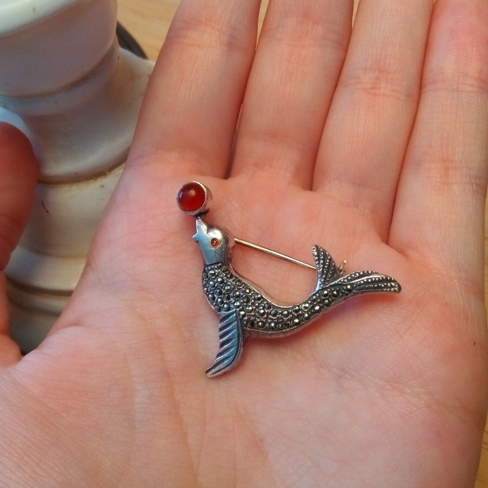 Sterling marcasite seal pin
